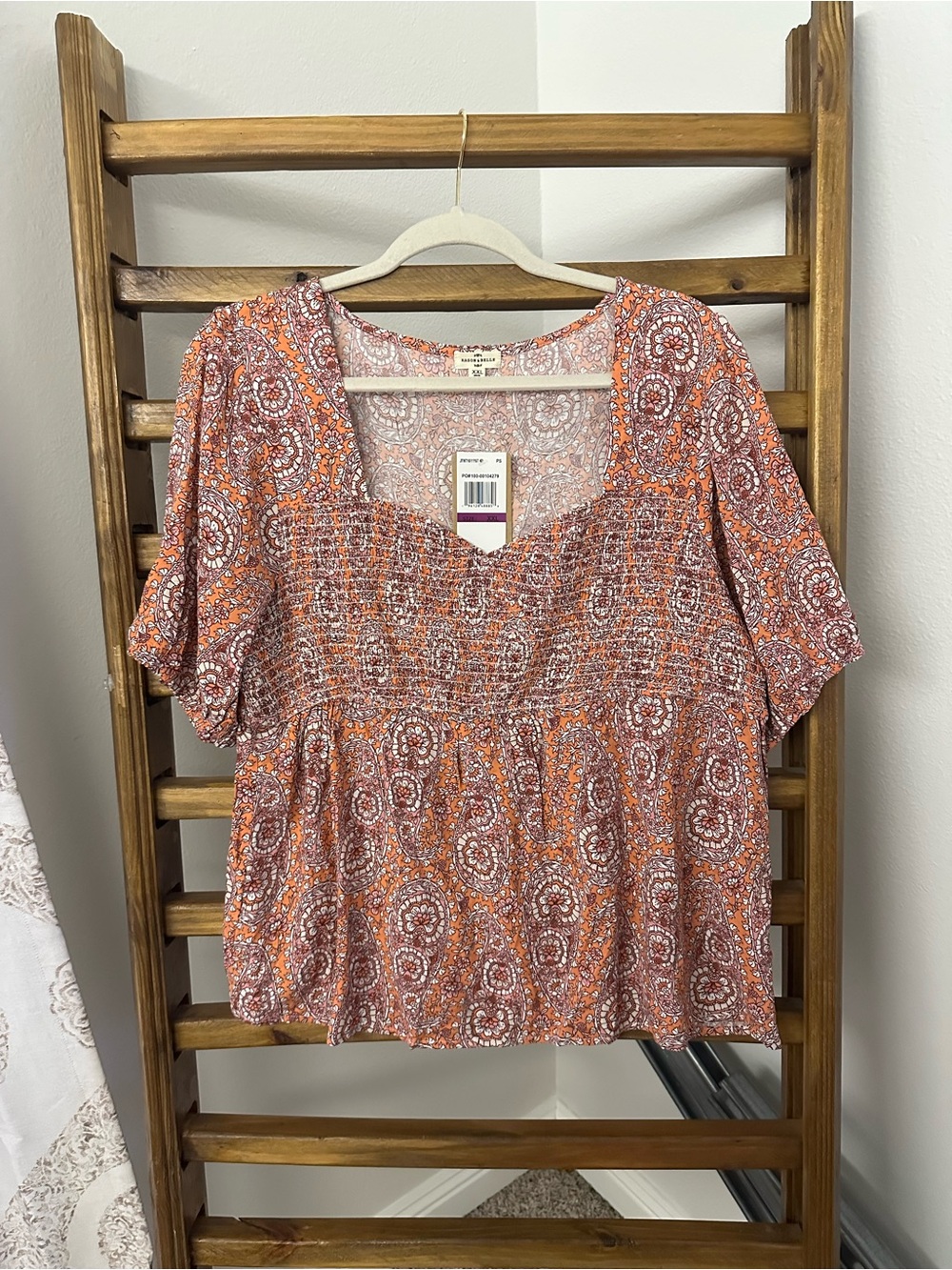 Smocked Paisley Short-Sleeve Blouse
